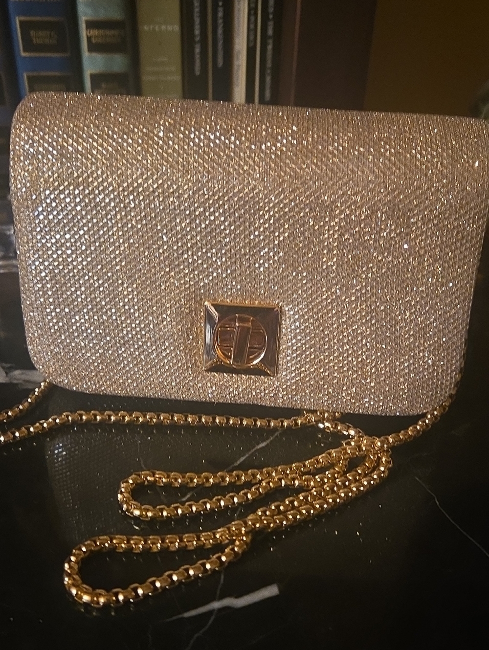 Glitter Chain Mini Shoulder Bag in Champagne Gold